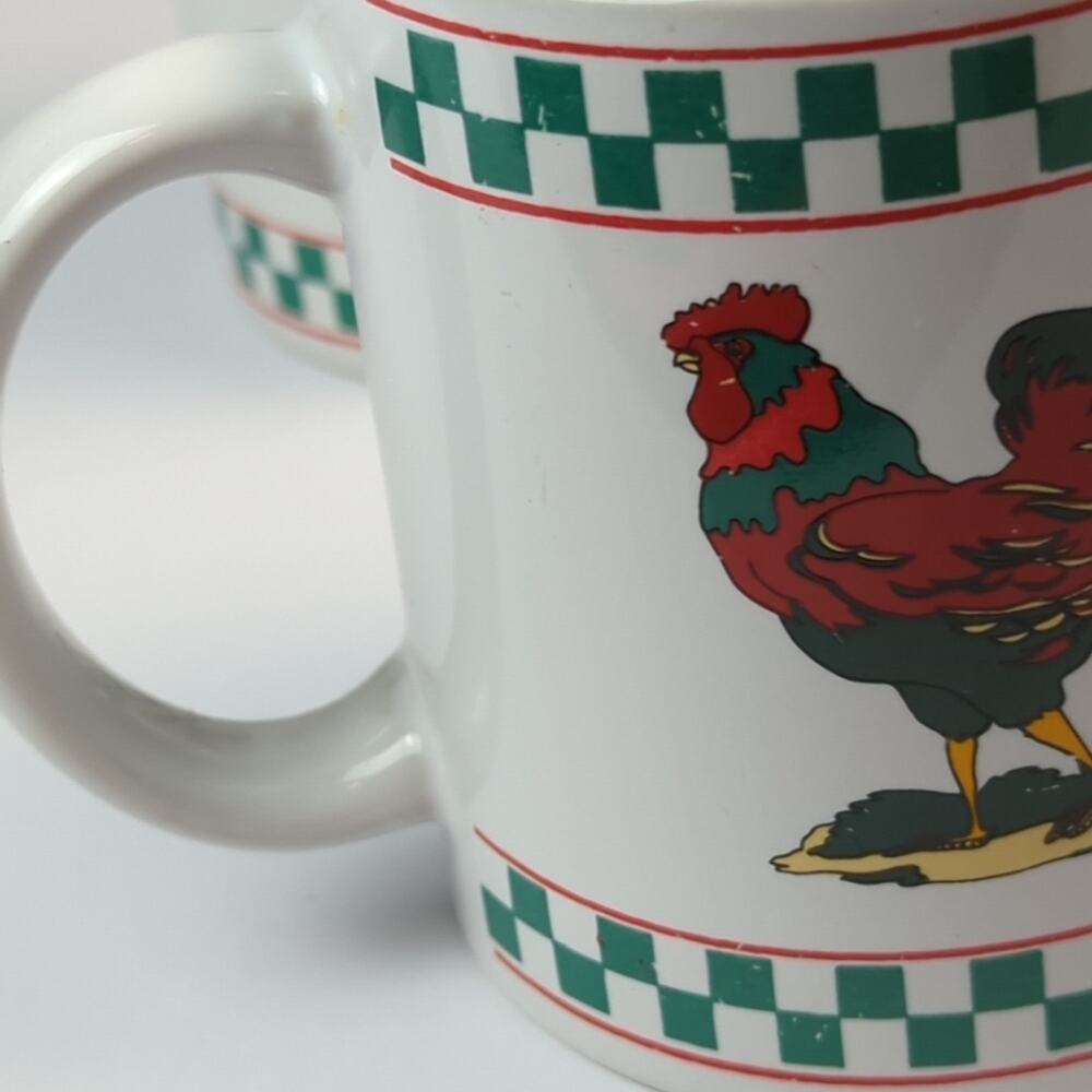 Vintage Farmhouse Rooster Coffee Mug Set White Cups Green Checkered Border - Picture 9 of 11